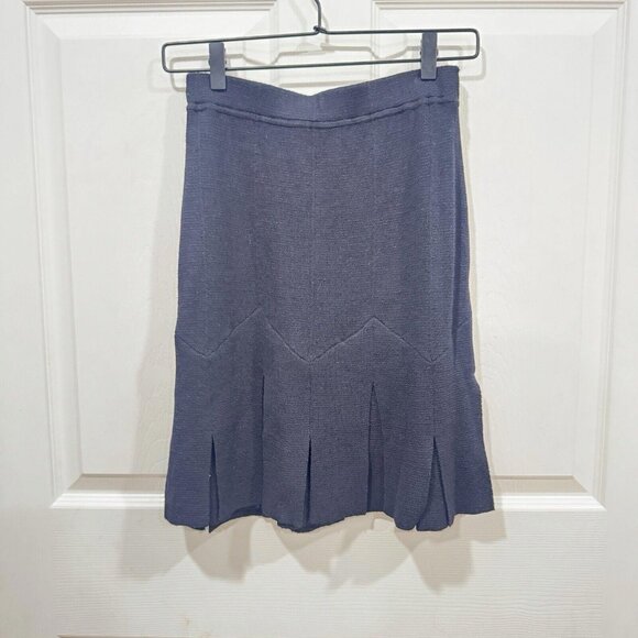 ST JOHN Black Santana Knit Skirt Split Flap Flare Hem Size 0 Pull On Stretch - Picture 2 of 8